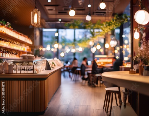 blurred cafe interior coffee shop restaurant bokeh background modern lighting bistro bakery urban atmosphere busy indoor lifestyle