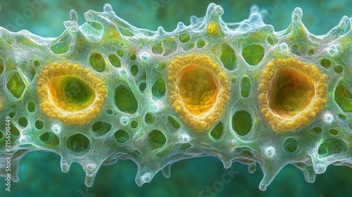 Detailed Microscopic View of Intricate Organic Cellular Structure with Porous Membranes and Vibrant Yellow Elements