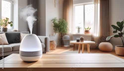 white ultrasonic humidifier emitting mist on wooden side table in modern living room with minimalist interior design and neutral tones