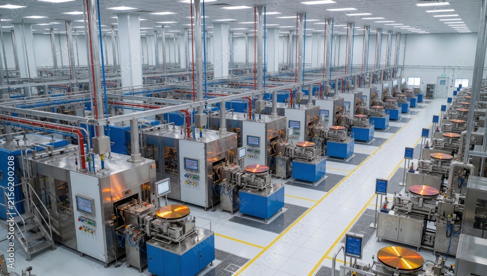 Fototapeta premium Large industrial factory multiple rows machines equipment arranged neat different sizes shapes floor made conc