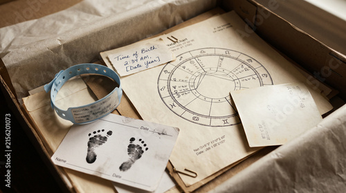 Archival Box with Birth Memorabilia and Natal Chart