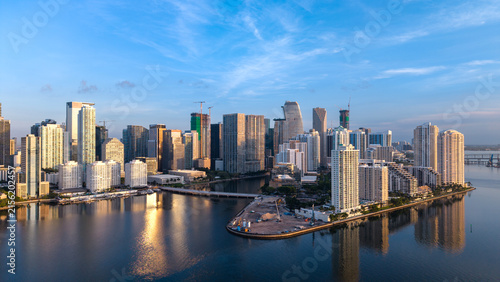 Aerial sunrise view of Miami skyline  across Biscayne Bay