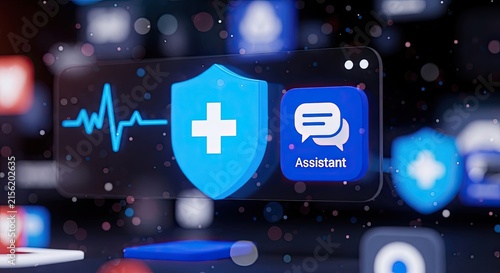 Digital Health Assistant Icon with Medical Symbols and Heartbeat.