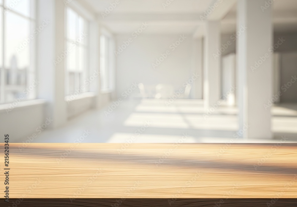 Fototapeta premium Empty Bright Modern Office Space with Large Windows and Wooden Table Foreground.