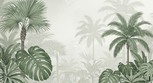 Tropical Jungle Palm Trees and Monstera Leaves Botanical Illustration.