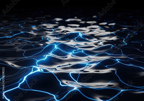 Abstract Blue Electric Waves Flowing Through Dark Water Surface.