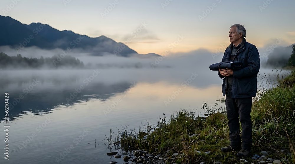 Fototapeta premium Senior Veteran Holding Folded Flag at Misty Lake at Dawn