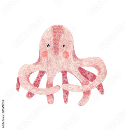 Color pencils drawing cute pink and maroon water octopus animal. Textured crayons hand drawn cheerful sea creature for birthday greeting card design, banner, sticker, holiday poster, t-shirt print