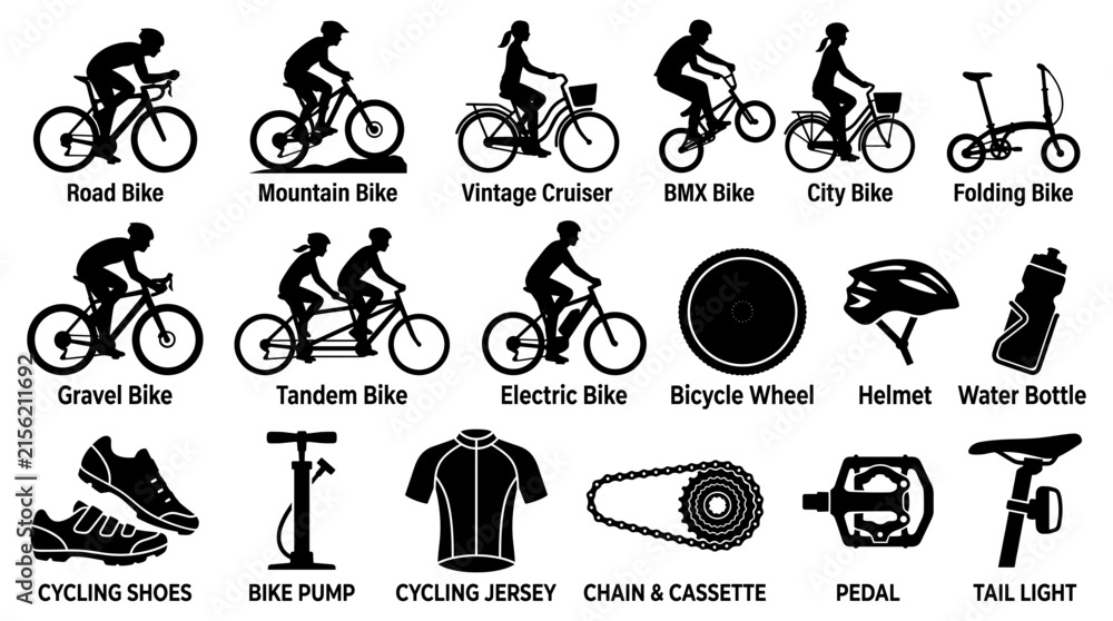 Fototapeta premium Collection of black bicycle silhouette including various types of bikes, cycling gear, and components on a white background
