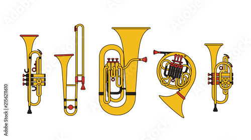 Flat design vector illustration of brass musical instruments: trumpet, trombone, tuba, French horn, cornet on white background.