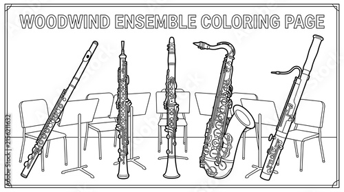 Foto Woodwind ensemble instruments: flute, oboe, clarinet, saxophone, bassoon, with c