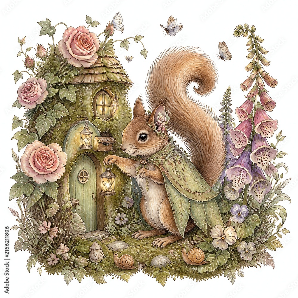Fototapeta premium Fairy Squirrel by Cottage Home with Roses