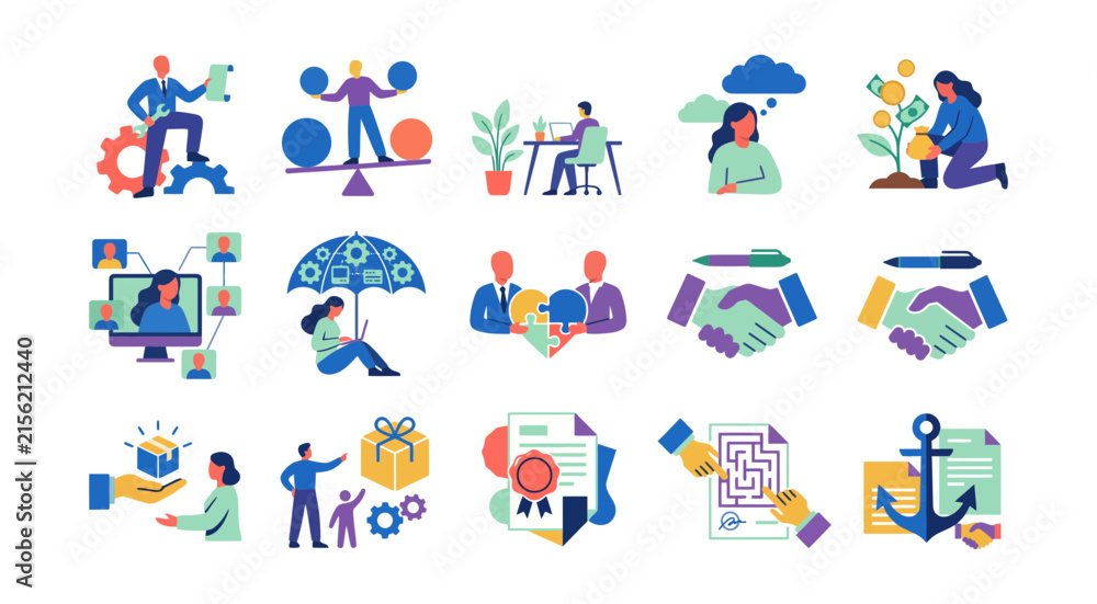Fototapeta premium Collection of colorful business illustrations depicting growth success and modern workplace concepts