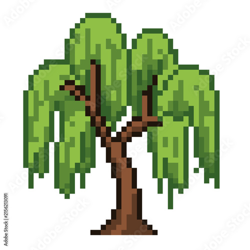 Pixel art green weeping willow tree with brown branches, 8-bit retro style nature tree vector graphic for game design and illustration.