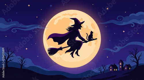 Silhouette of a flying witch on a broomstick with a cat against a glowing full moon in a spooky landscape