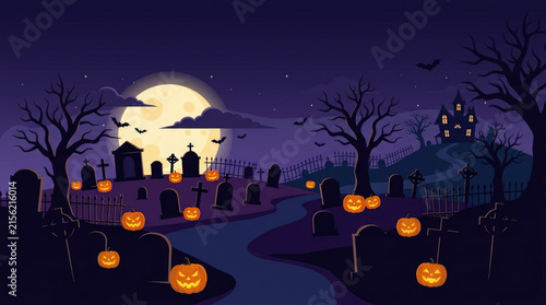 Spooky Halloween graveyard scene with glowing pumpkins under a full moon and eerie trees