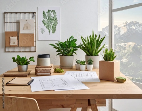 Indoor office desk with various potted plants, architectural blueprints, and wall decor, home workspace interior design