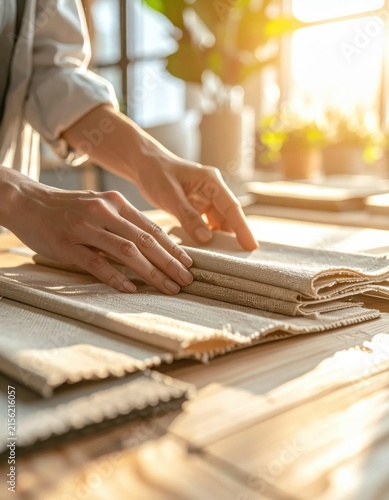 Interior designer choosing textile samples, fabric swatches selection, interior decoration project, home renovation and materials choice