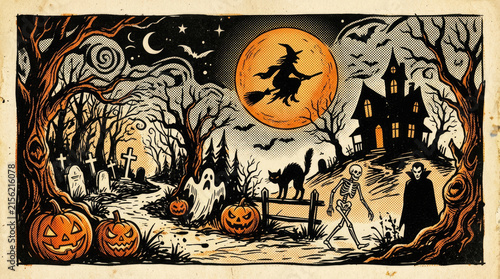 Spooky Halloween night scene with a witch flying over a haunted house and glowing pumpkins