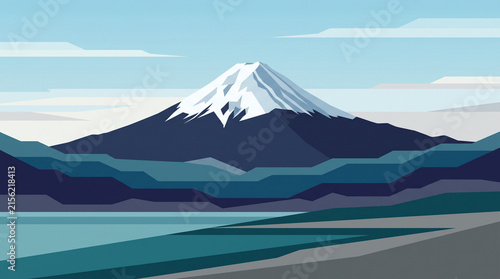 Minimalist vector illustration of a snow-capped mountain rising above a calm lake.