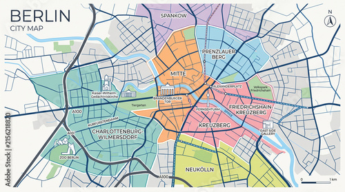 A colorful digital map of Berlin showing different city districts in pastel shades.