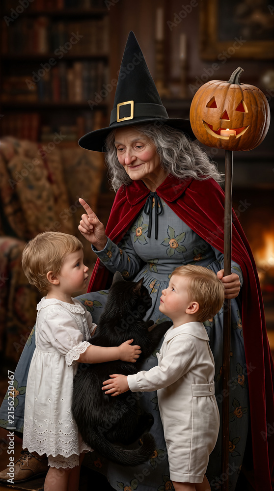 Obraz premium Vintage Halloween portrait of an elderly witch with children and a black cat