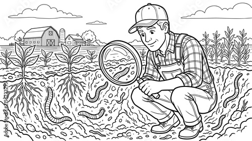 Farmer inspecting soil and earthworms with a magnifying glass, farm field with crops and barn in background, line art illustration
