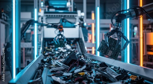 Futuristic industrial facility with bright LED lighting and advanced machinery handling discarded electronics.