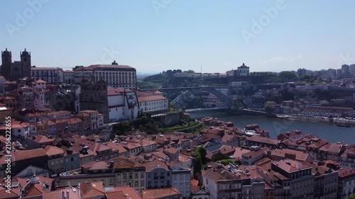 Porto, Portugal cityscape with the Douro River and historic bridges, featuring the Infante Bridge and Maria Pia Bridge, surrounded by traditional Portuguese architecture and scenic urban landscape.