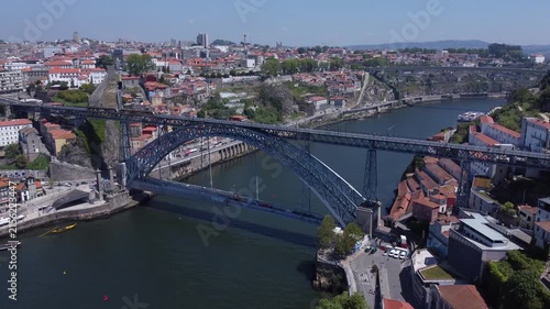 Porto, Portugal cityscape with the Douro River and historic bridges, featuring the Infante Bridge and Maria Pia Bridge, surrounded by traditional Portuguese architecture and scenic urban landscape.