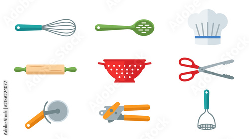 Картината върху платно Flat design kitchen utensil icons including whisk, rolling pin, colander, chef h