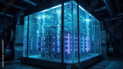 Glowing blue server rack in futuristic dark facility.
