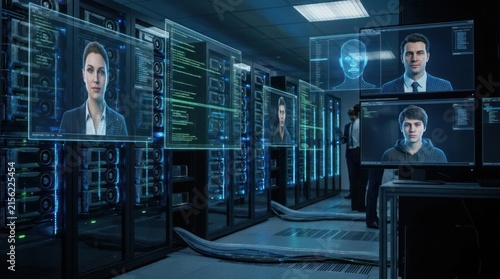 High-tech data center with digital facial recognition monitors.