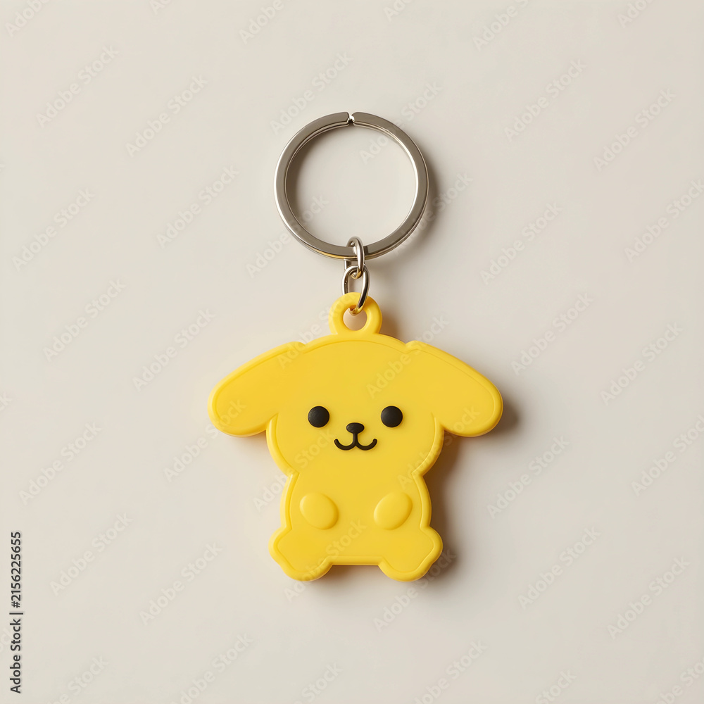 Fototapeta premium Yellow cartoon dog character keychain with metal ring, cute accessory for keys or bags, isolated on a light background