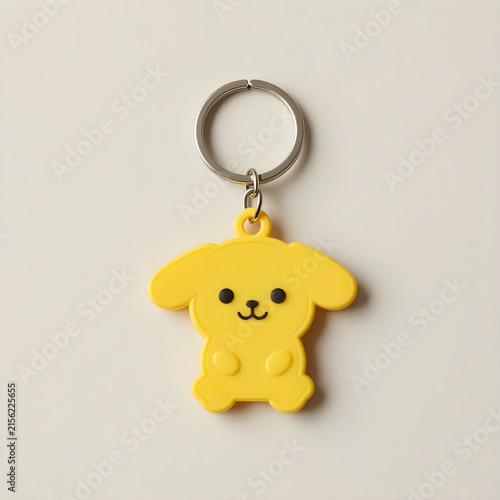 Yellow cartoon dog character keychain with metal ring  cute accessory for keys or bags  isolated on a light background