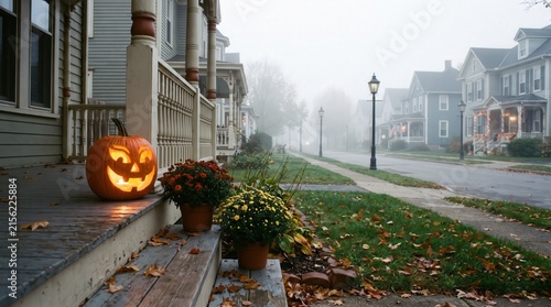 Halloween Jack O Lantern on Porch with Autumn Mums and Foggy Street