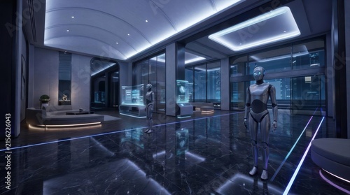 Humanoid robot standing in minimalist luxury futuristic penthouse.