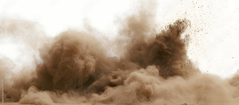 Naklejka premium A brown dust, sand, soil, smoke, cloud particle overlay appears against a transparent white background. Illustrating effects such as sandstorm, smog, dust explosion, and smoke fog. Blurred soil dust.