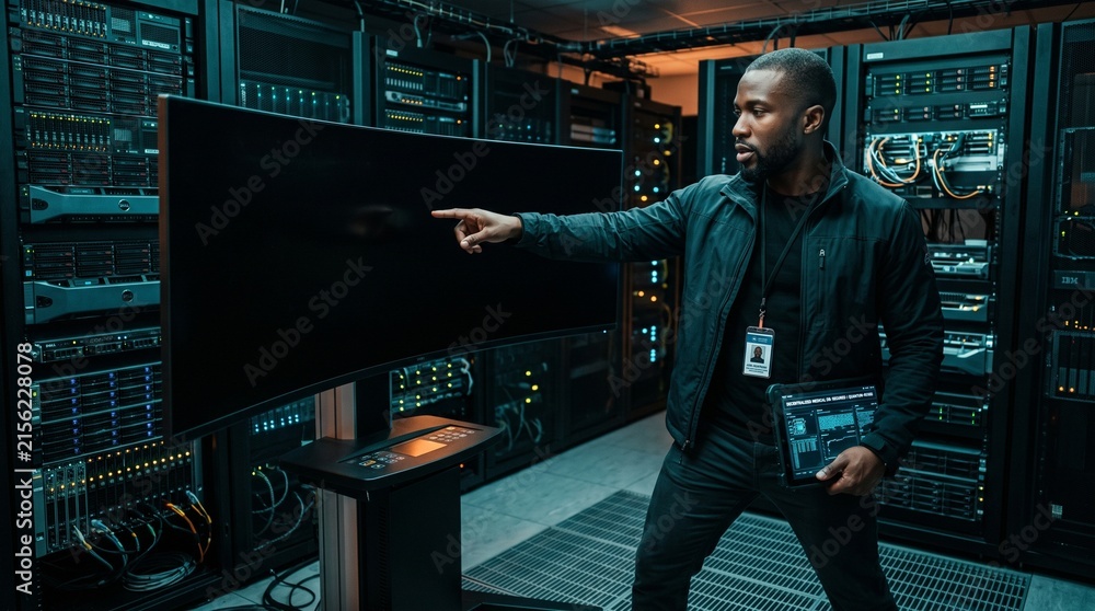 Fototapeta premium IT professional pointing at blank monitor in dark server room