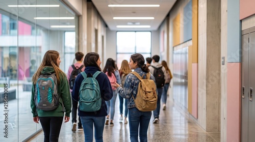 Group of teenage students with backpacks talking together in a bright modern high school corridor