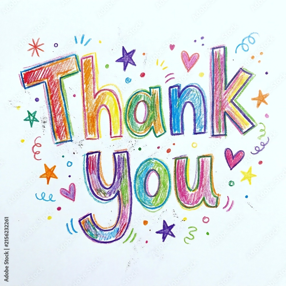 Fototapeta premium Hand drawn colorful Thank You text with stars and hearts on white background 