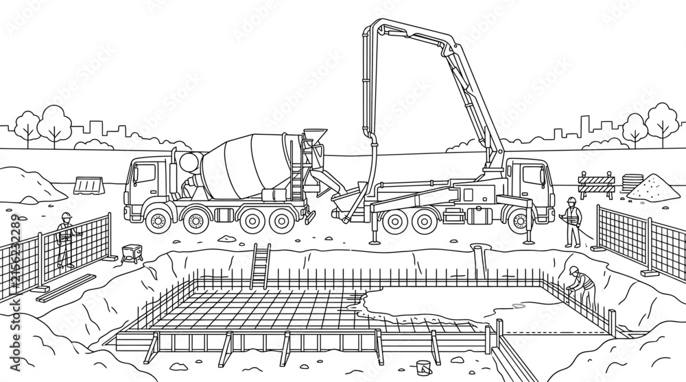 Fototapeta premium Construction site line art with concrete mixer and pump truck pouring foundation.