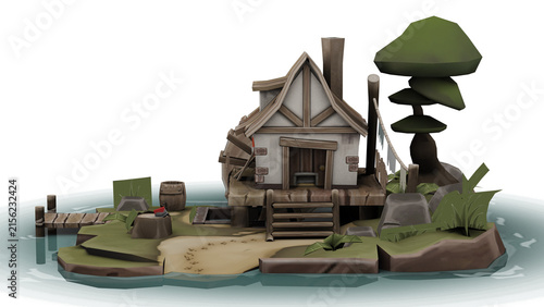 Foto 3d rendering small wooden house on an island with trees and rocks