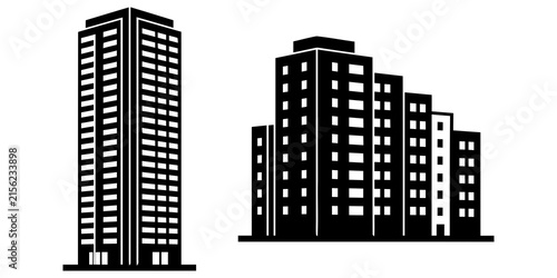 Set of two black and white building silhouettes featuring a tall skyscraper and a stepped apartment complex architectural design