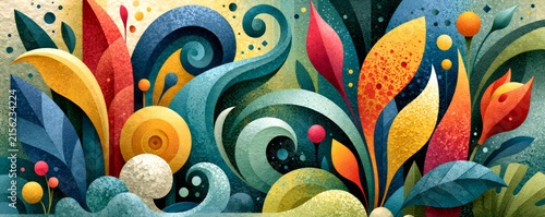 Abstract artwork displaying vibrant organic forms, leaves, waves, and dots in a dynamic, flowing composition with rich texture