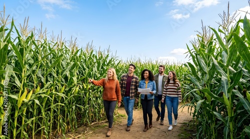 Friends exploring a corn maze during a clear day in the countryside