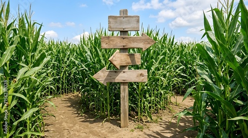 Signpost in a corn maze with multiple directions under a clear sky