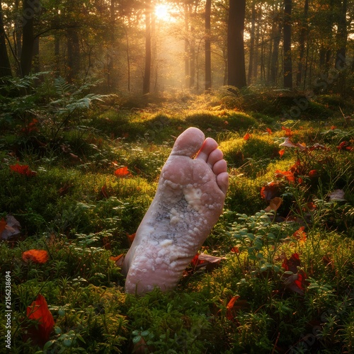 Human foot with fungal infection in mossy forest floor, health and wellness concept