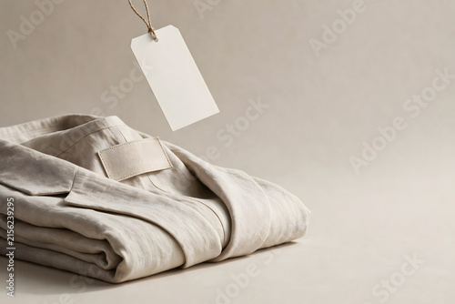 Creative Luxury Fashion Label Mockup with Folded Garment and Floating Hang Tag