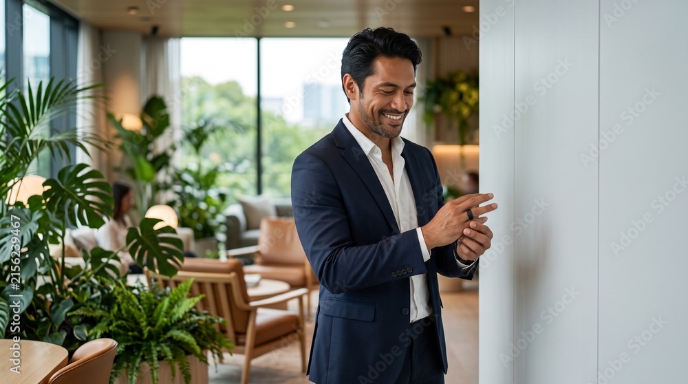 Fototapeta premium Smiling man adjusting smart ring in a modern office environment